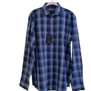 Bugatchi Blue/White Cotton Plaid Spread Collar Shirt M